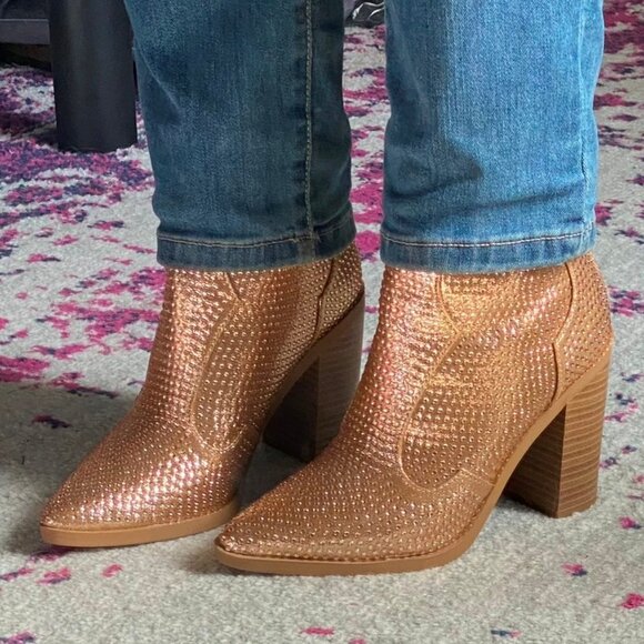 Chariot & Co Gold Rhinestone Cowboy Boots Stacked Heel Wyatt Ankle Boot 6.5 NEW! - Picture 9 of 11